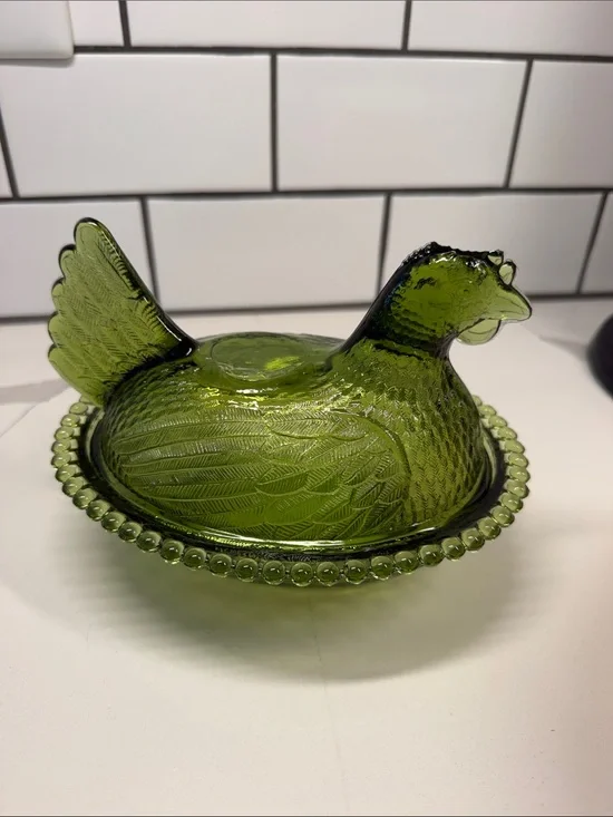 Vintage RARE!!! Carnival Lime Green Indiana Hen on the Nest (check damage)