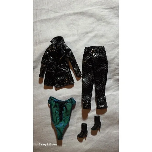Barbie Doll Fashion Outfit Set Black Snakeskin Trench Coat Pants Teal Bodysuit