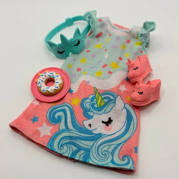 Barbie Fashion Set Unicorn Nightgown Shoes Mask Donut Set Doll Clothes Accessory