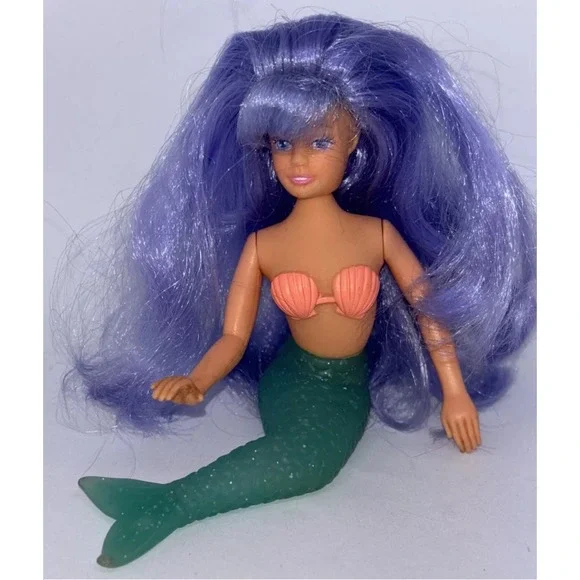 Vintage 1990 Tara Toy Mermaid Doll Purple Hair Blue Eyes Rubber Green Tail 6