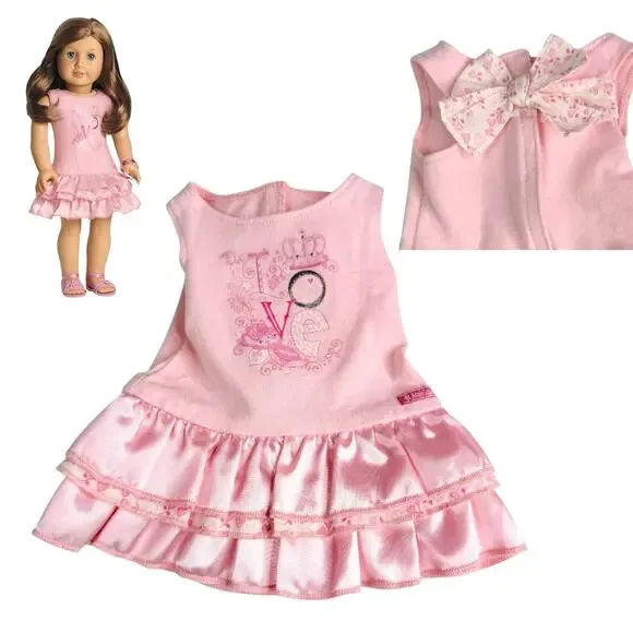 American Girl Pretty Pink Dress Sequin Glitter Stitch Love Ruffle Dress Bow Back