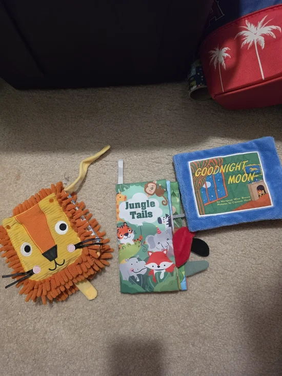 Plush Lion Jungle Tails Sensory Toy and Goodnight Moon Blue Fabric Book Set