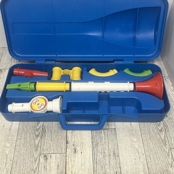 Vintage 1984 Fisher-Price Crazy Combo Horn Set 604 Incomplete Blue Case