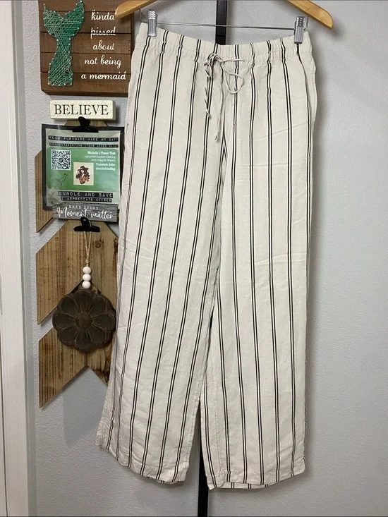 H&M Cream Wide-Leg Drawstring Stripe Pants linen blend w14-15 r13 inseam 28