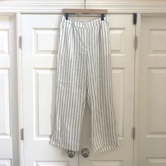 NWT Quince European Linen Women 8 Wide Leg Pant Oatmeal Stripe Eco Coastal