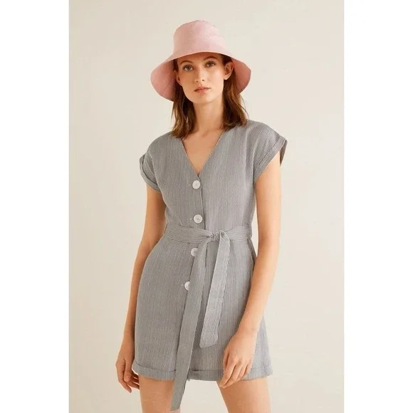 MANGO Striped Romper S/4 Linen Blend Button‎ Gray White Belted V Neck Cap Sleeve