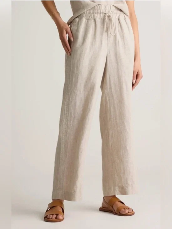 Quince Wide-Leg Linen Drawstring Pants in Natural Beige