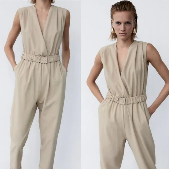 New Zara Textured Linen Blend V-Neck Sleeveless Belted Tan Jumpsuit NWT Size M