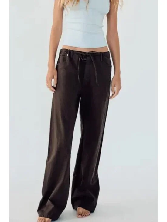 ZARA Loose Fit Linen Lyocell Trouser Pants Drawstring Brown Size 2