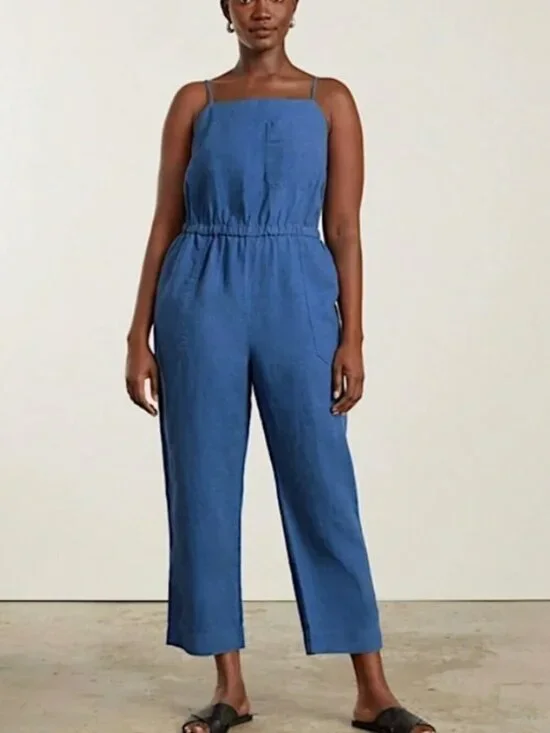 EVERLANE The Linen Shoestring Jumpsuit Lapis Blue