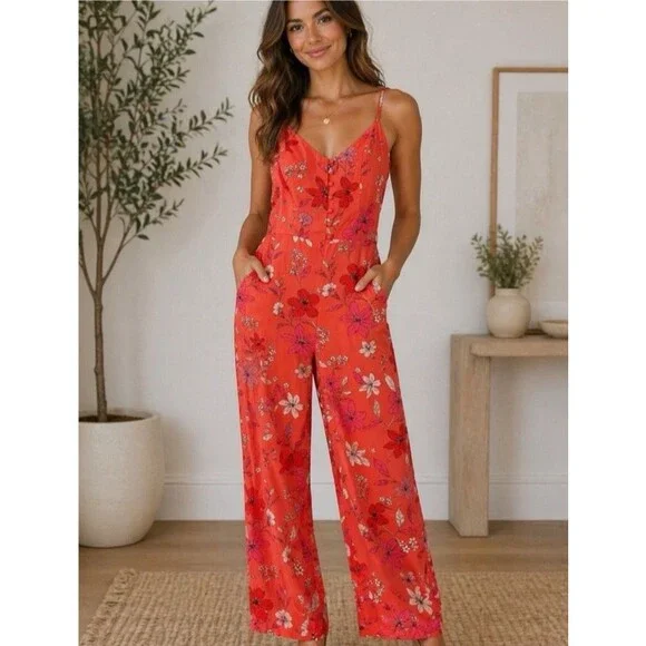 Banana Republic Linen Cotton Blend Coral Floral Jumpsuit Spaghetti Strap Size 10