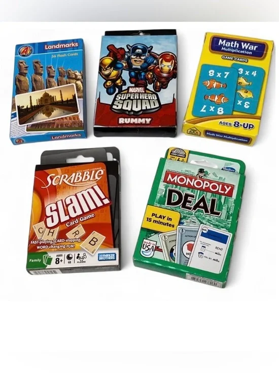 Hasbro Scrabble Slam Monopoly Deal Marvel Rummy Math & Landmarks Games Bundle