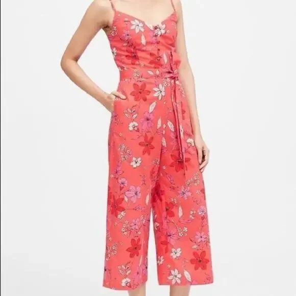 Banana Republic Floral Linen Blend Smocked Jumpsuit Size 2 NWOT