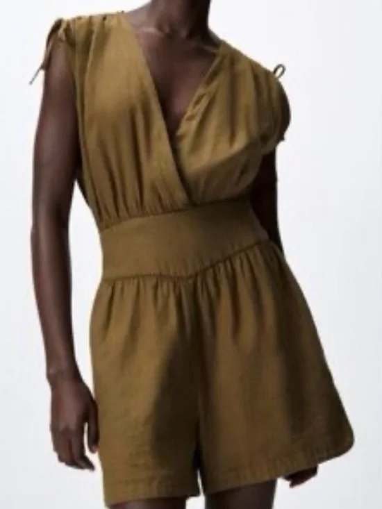 Zara Linen and Cotton Olive-Green Surplice Romper with Smocked Waist Size XS