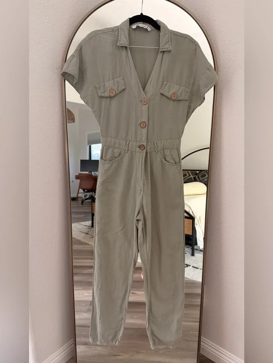Zara Olive Green cotton/linen jumpsuit