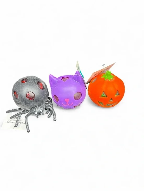 Halloween Squishy Toy Trio - Orange Pumpkin, Purple Cat, Black Spider