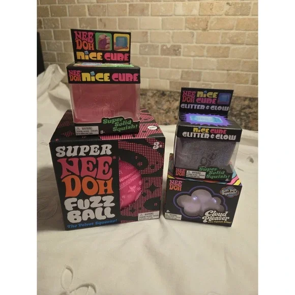 Schylling NeeDoh Lot - Pink Super Fuzz Ball, Cloud Pleaser, Glitter & Glow, &...