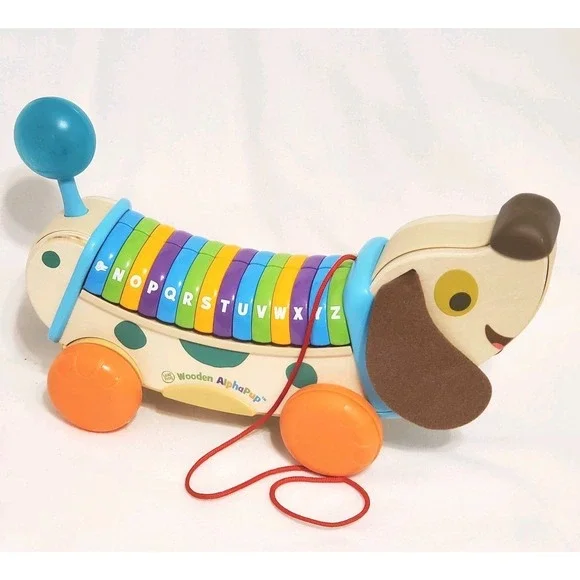 LeapFrog Wooden AlphaPup Pull Toy Alphabet Learning Dog Rolling‎ Wheels Works