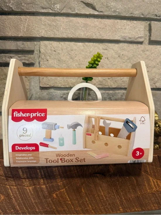 Fisher-Price Wooden Tool Box Set with Red and Blue Accents