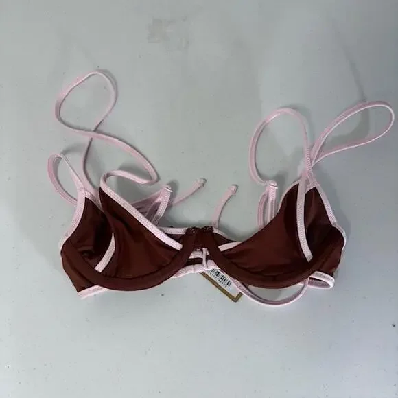 Skims Bikini Top Womens 3 Brown Henna Contrast Signature Swim Layered Plunge