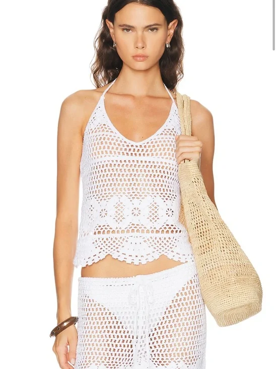 SKIMS Crochet Swim Cami Top in Snow Color: Snow