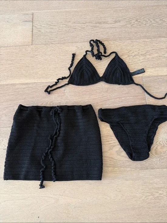 SKIMS Black Crochet Triangle Bikini Set with Skirt