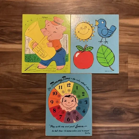 3 Vintage 1950-80sPLAYSKOOL  & SIFO Wood Puzzles | Pig & Tuba | Clock | Wildlife