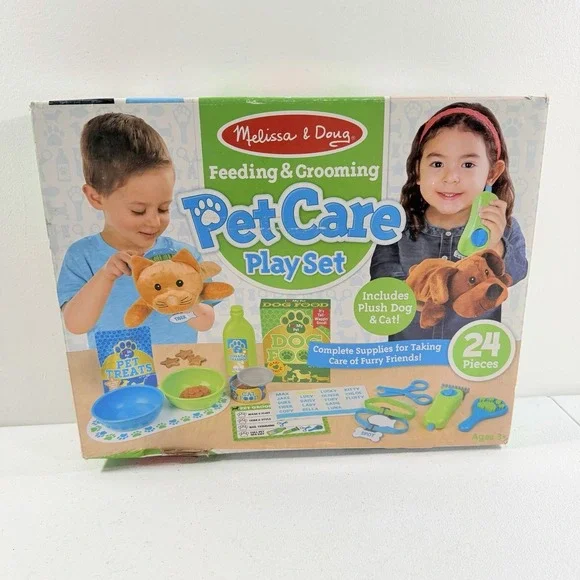 Melissa & Doug Feeding Grooming Pet Care Play Set Plush Cat‎ Dog 24p Toddler Toy