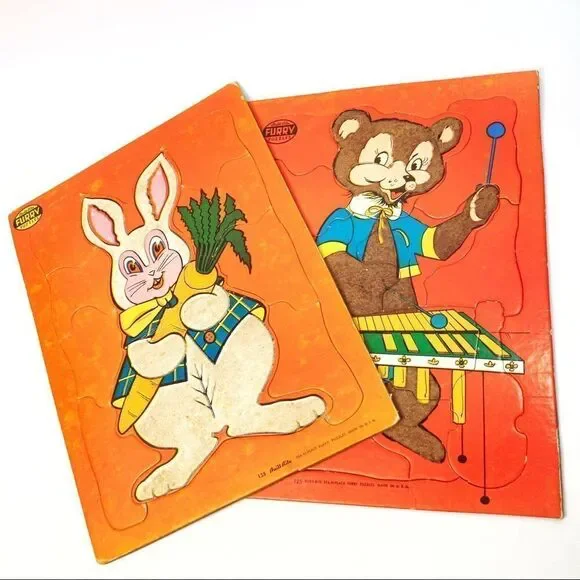 2 Built Rite Fuzzy, Furry Puzzles - Bunny/Bear, 1950’s Vintage