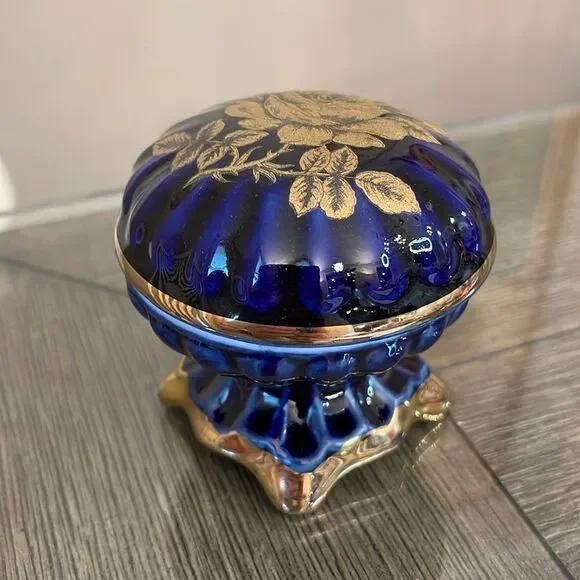 Vintage Cobalt Blue & Gold Footed Trinket Box
