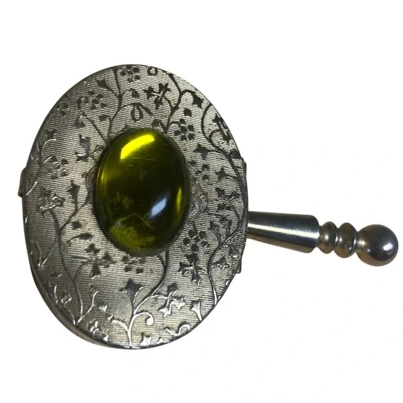 Vintage Pill Box Trinket Case Gold Tone Yellow/Green Cabochon Etched Floral