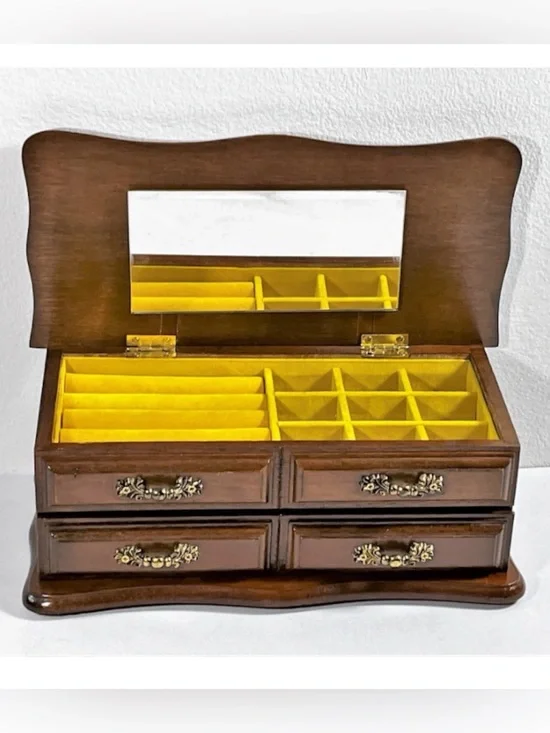 Vintage Centurion® Walnut Wood Jewelry Box, Lid W/Mirror, Padded Sections