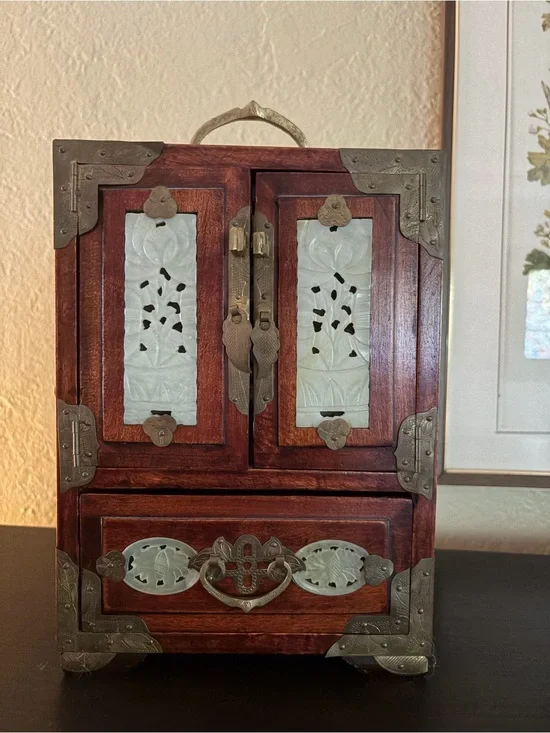 Vintage Asian  Wooden Jewelry Box with Jade-Inset Panels and Brass Details