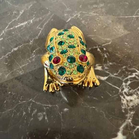 Gold Tone Rhinestone Frog Trinket Box Green Crystal Jeweled Hinged Keepsake Case