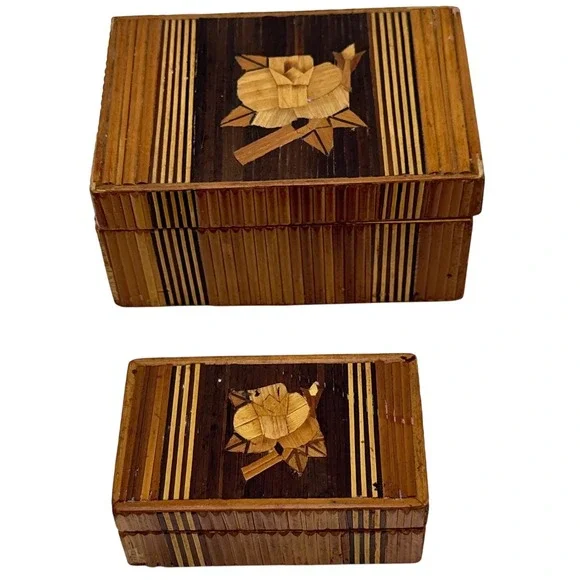 Vintage Trinket Box Set 2pc Straw Marquetry Rose Floral Brown Wood Jewelry Case