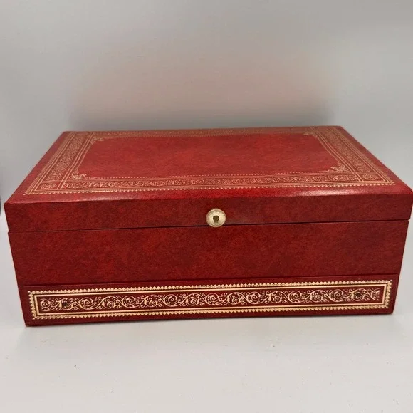 Vintage Red Faux Leather Jewelry Box Gold Filigree 3-Tier Cantilever Drawer