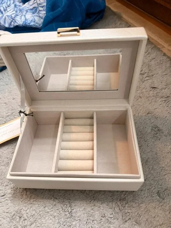 Jewelry Organizer Box with Mirror in Cream - Compact Ring & Earring Storage