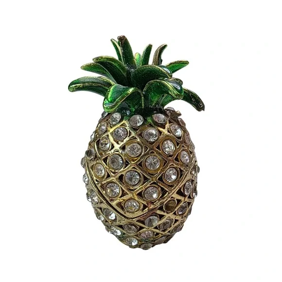 Vintage Pineapple Rhinestone Trinket Box‎ Gold Tone Green Enamel Hinged Jewelry