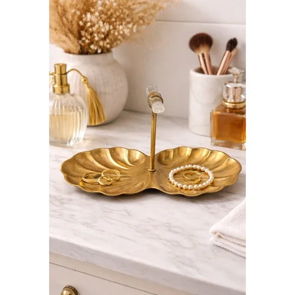 Vintage Brass‎ Double Shell Trinket Dish Candy Nut Server with Lucite Handle