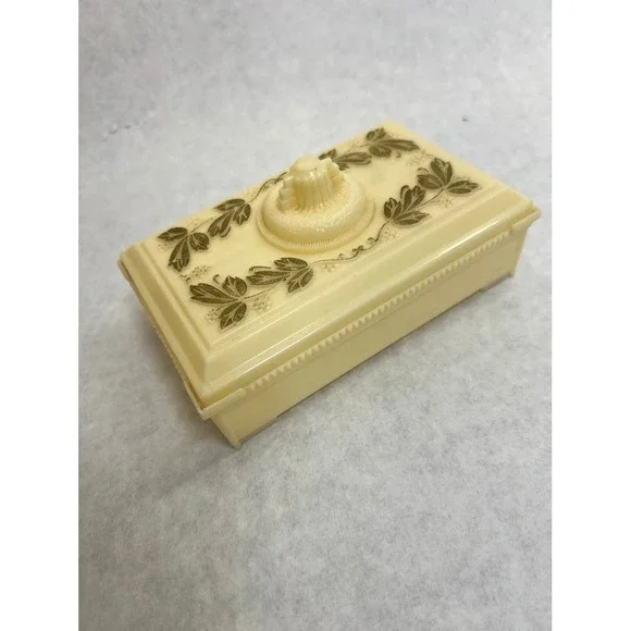 Vintage Cream Celluloid Trinket Box Green Leaf Floral Jewelry Vanity Case 4.5in