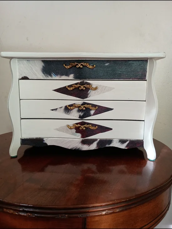 Vng Wood Upcycled Heavy Fiber Decoupage Cowhide Print Jewelry Box