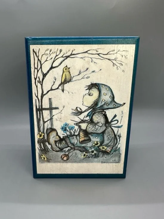 Vintage Hummel Blue Wooden Music Jewelry Box with Girl and Bird Artwork Works