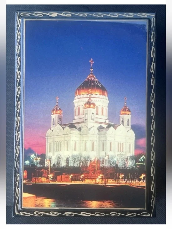 Vintage Russian Black Wooden 6” x 4” Hinged Box - Cathedral Of Christ The Savior
