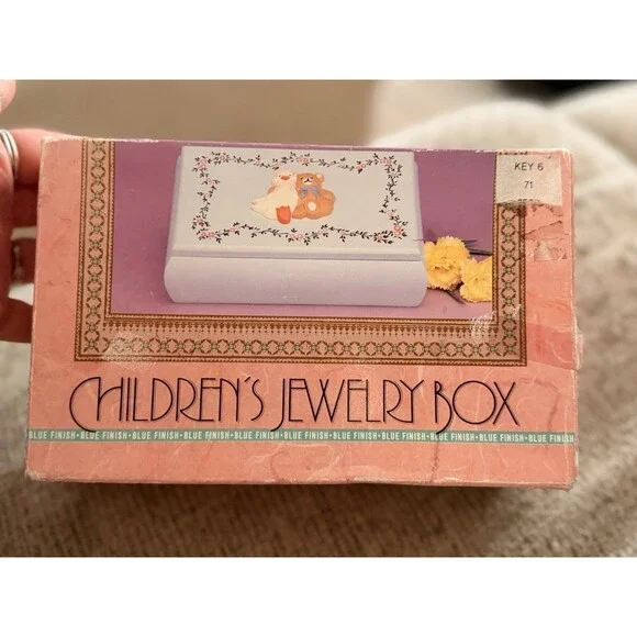Vintage 80s/90s Blue Finish Children’s Jewelry Box Featuring Cottage Core
