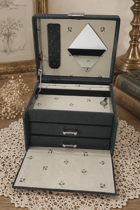 Dark Green Jewelry Box Mirror 2 Drawers Lock Key Carrying Case Organizer
