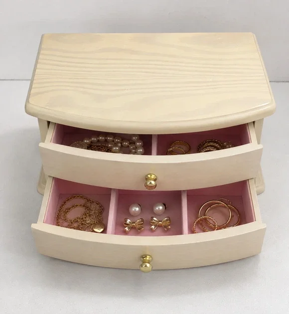 Wood Jewelry Box 2 Drawer Organizer Mirror Ring Storage Pink Lined Wooden Chest