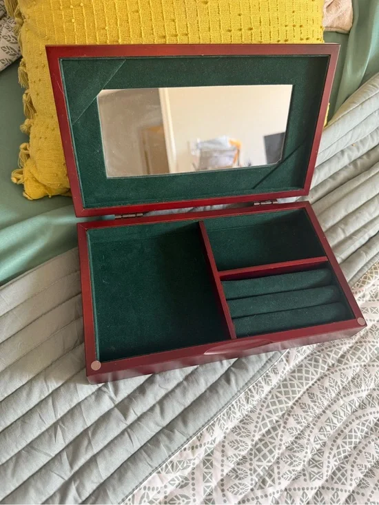 Vintage Wooden Jewelry Box with Green Velvet Lining