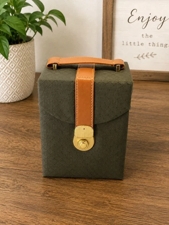 Vintage Travel Jewelry Case Organizer Green & Tan Folding Portable Storage Box