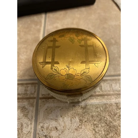 1940's Rose‎ Gold Tone Lid Glass Trinket Box Compact Dresser
