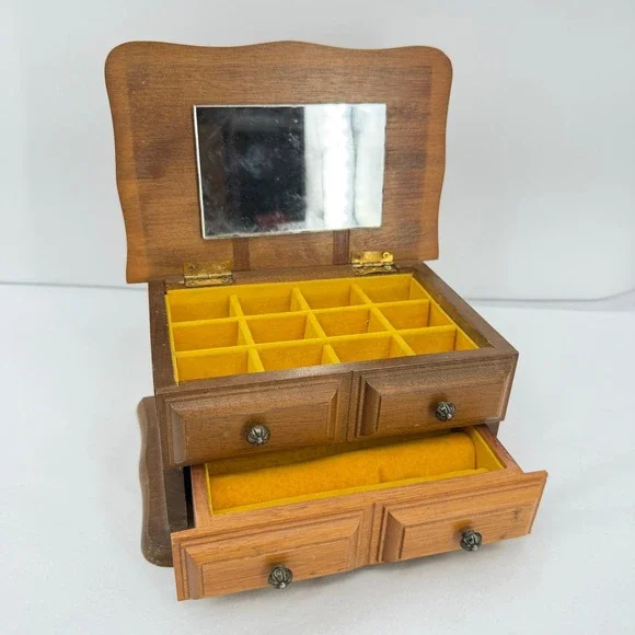 Price Imports Wooden Jewelry Box Mirror Drawer VTG Felt Lined Retro‎ Vanity